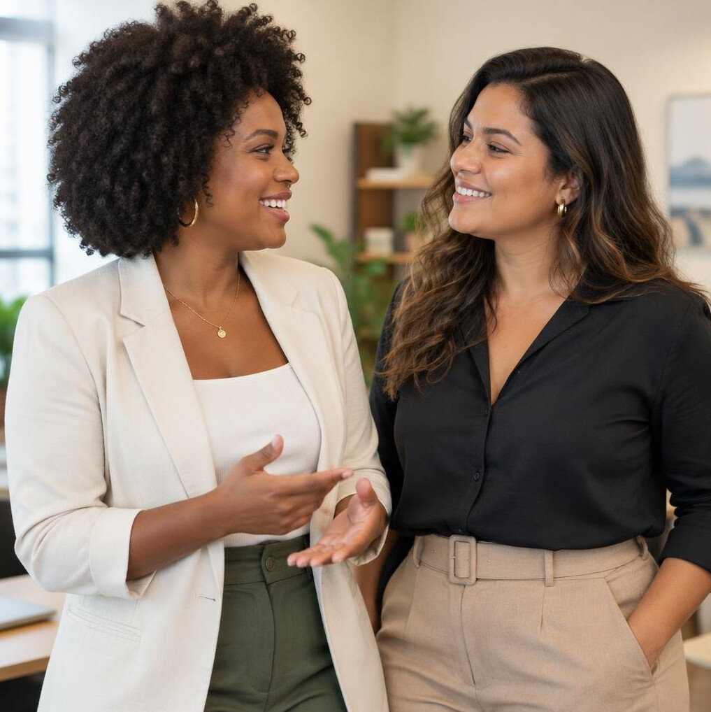 Two Brazilian women colleagues talking in an office